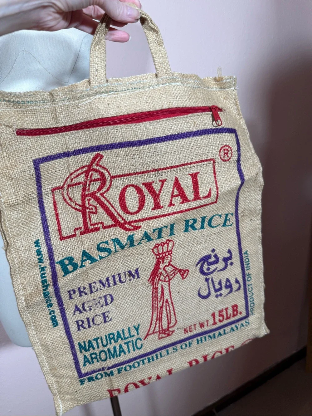 Vintage royal rice bag jute burlap zip top up cycled reusable bag